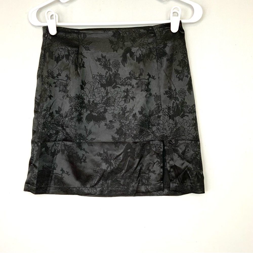 LYANER Sz Small Black Satin Floral Jacquard Side Slit Mini Skirt 90s Y2K Gothic